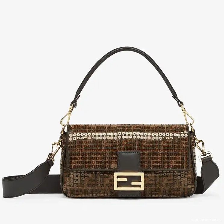 HOT Bag In with Fabric Brown FF Baguette Fendi Motif Sequins Medium 0521